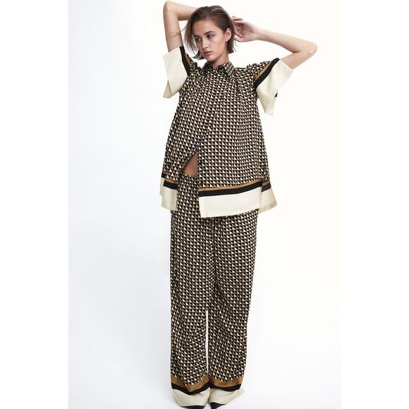 H&M Black Beige Geometric Print Blouse Wide Leg Pants Set Oversized XS - Picture 1 of 16